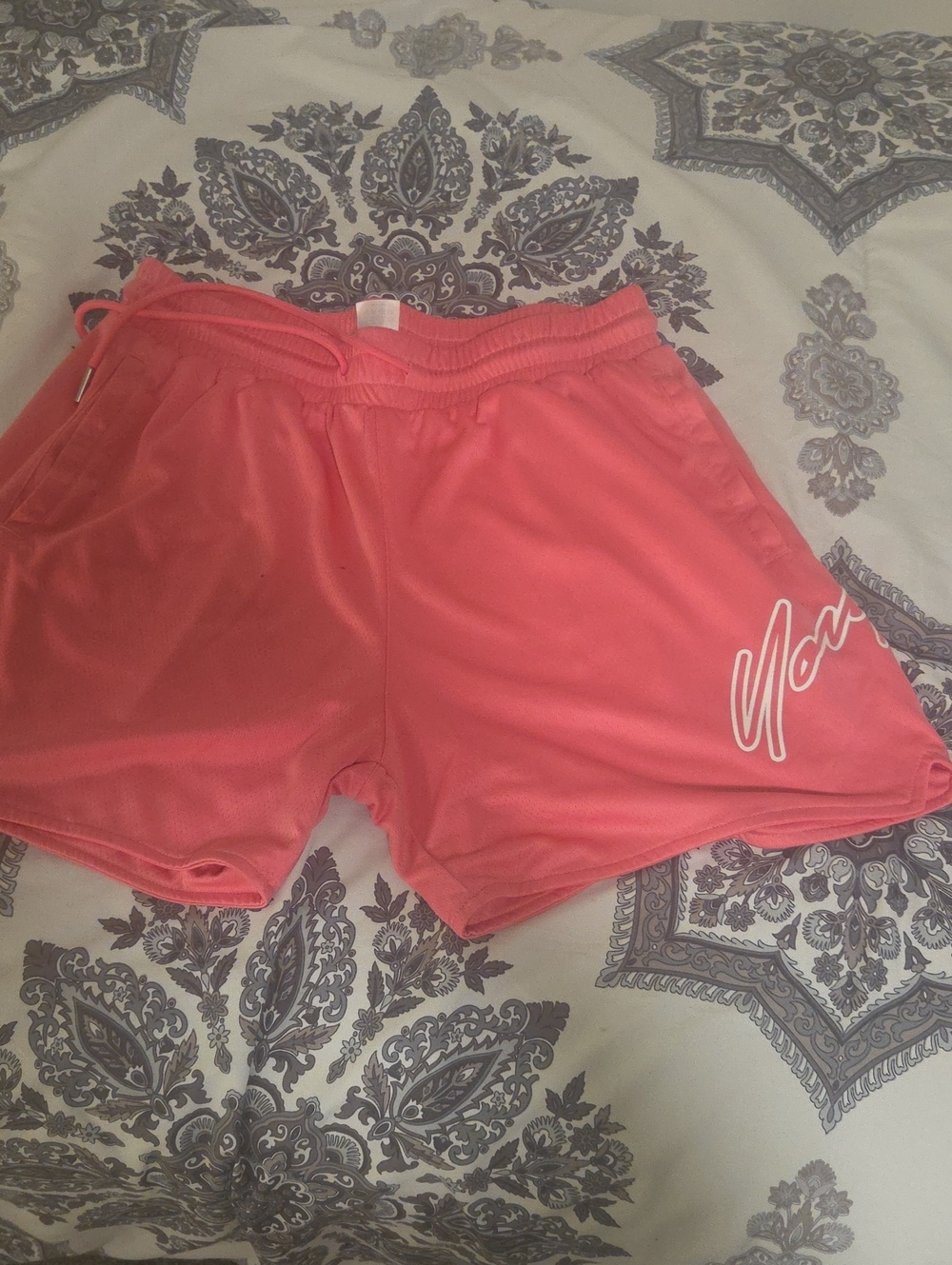 YoungLA Coral Athletic Shorts with White Script Accent